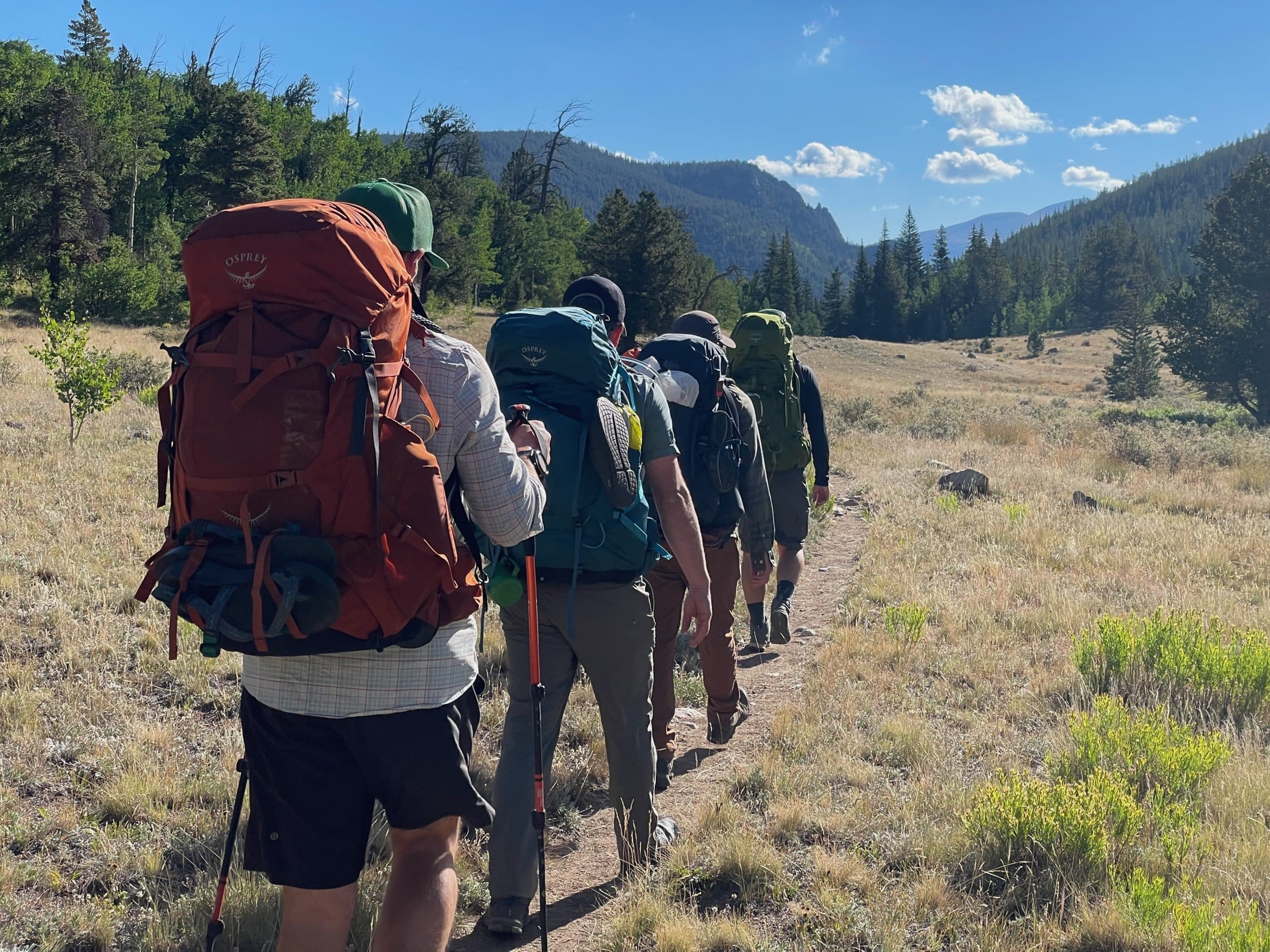 Hikers on a backpacking trip wearing Osprey backpacks.