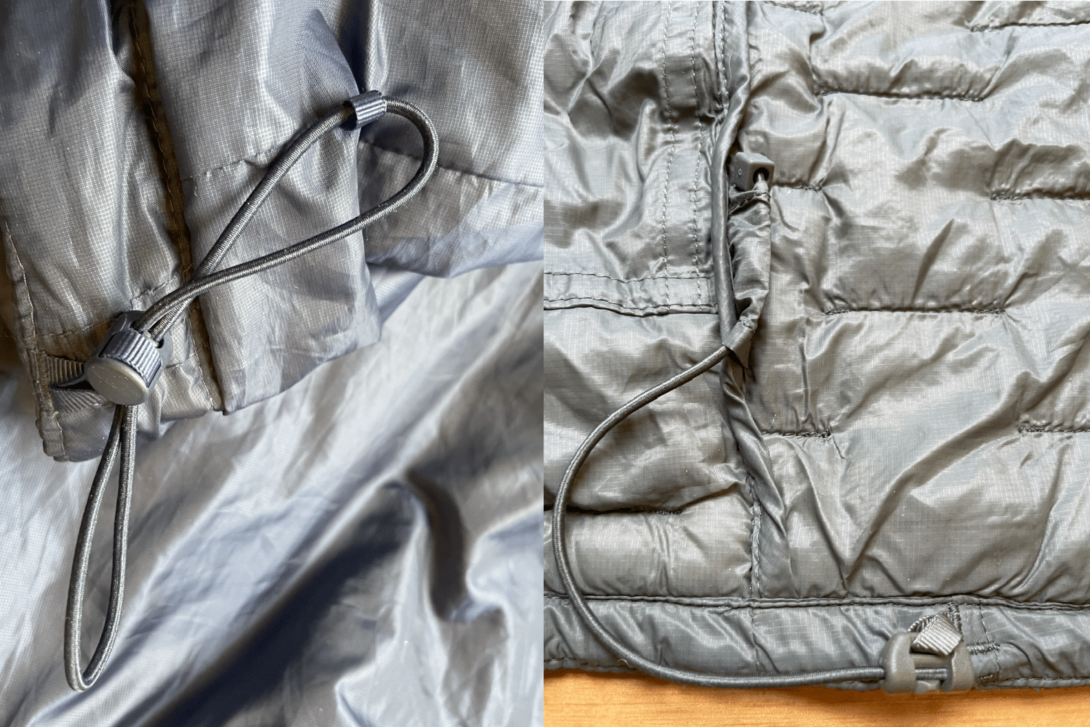 Image showing the different waist adjustment barrels on the Patagonia Nano Puff vs Micro Puff