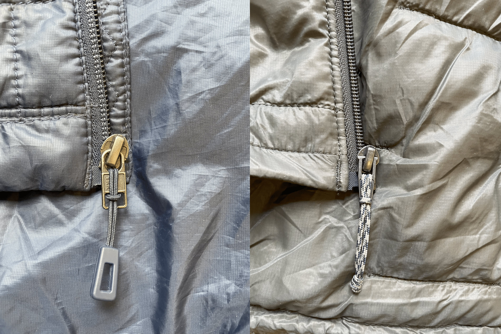 Image showing the different zippers of the Patagonia Nano Puff vs Micro Puff