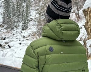 Image of the Stio Hometown down hooded jacket taken from behind.