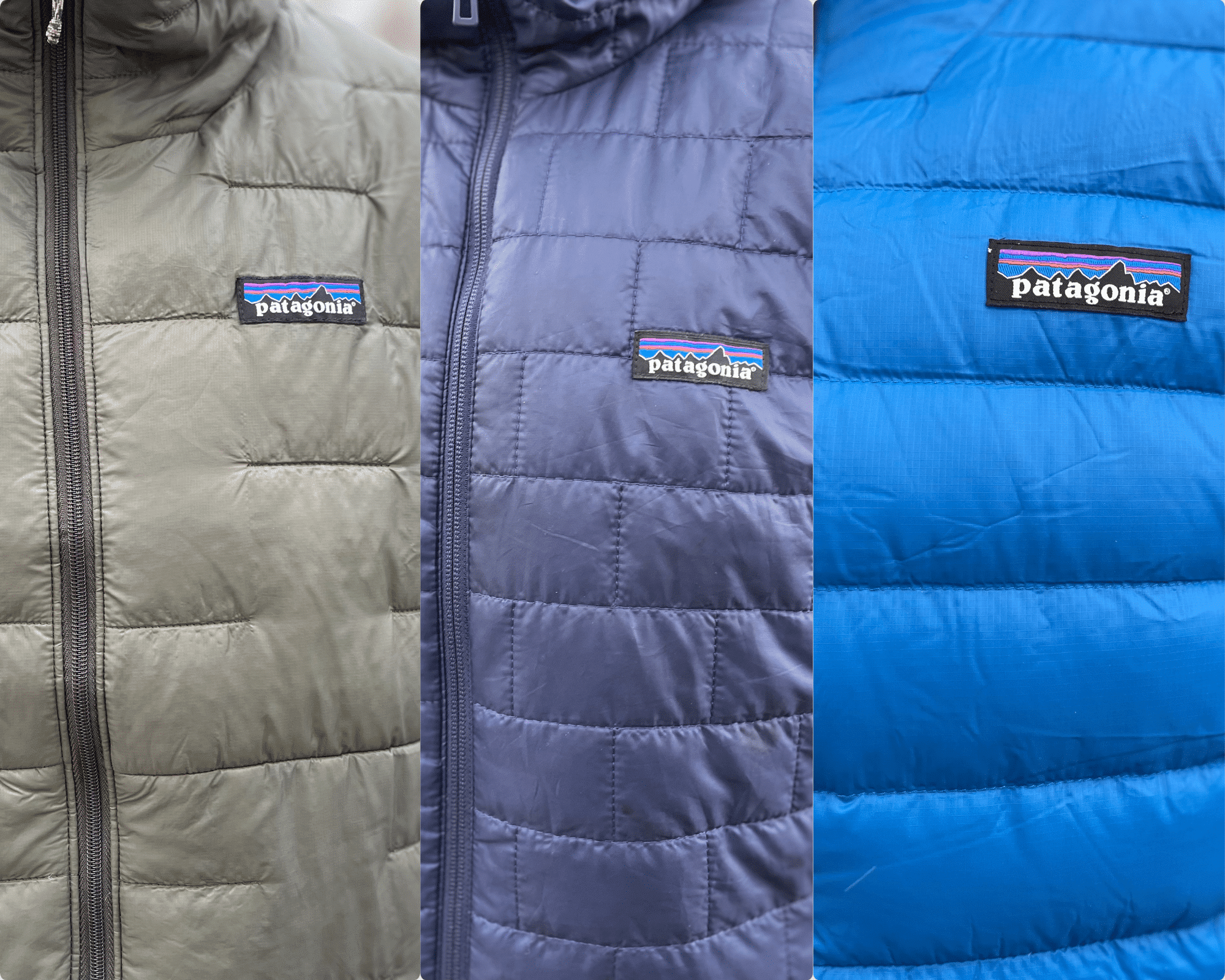 Image showing the face fabrics side by side for the Patagonia Nano Puff, Micro Puff, and Down Sweater