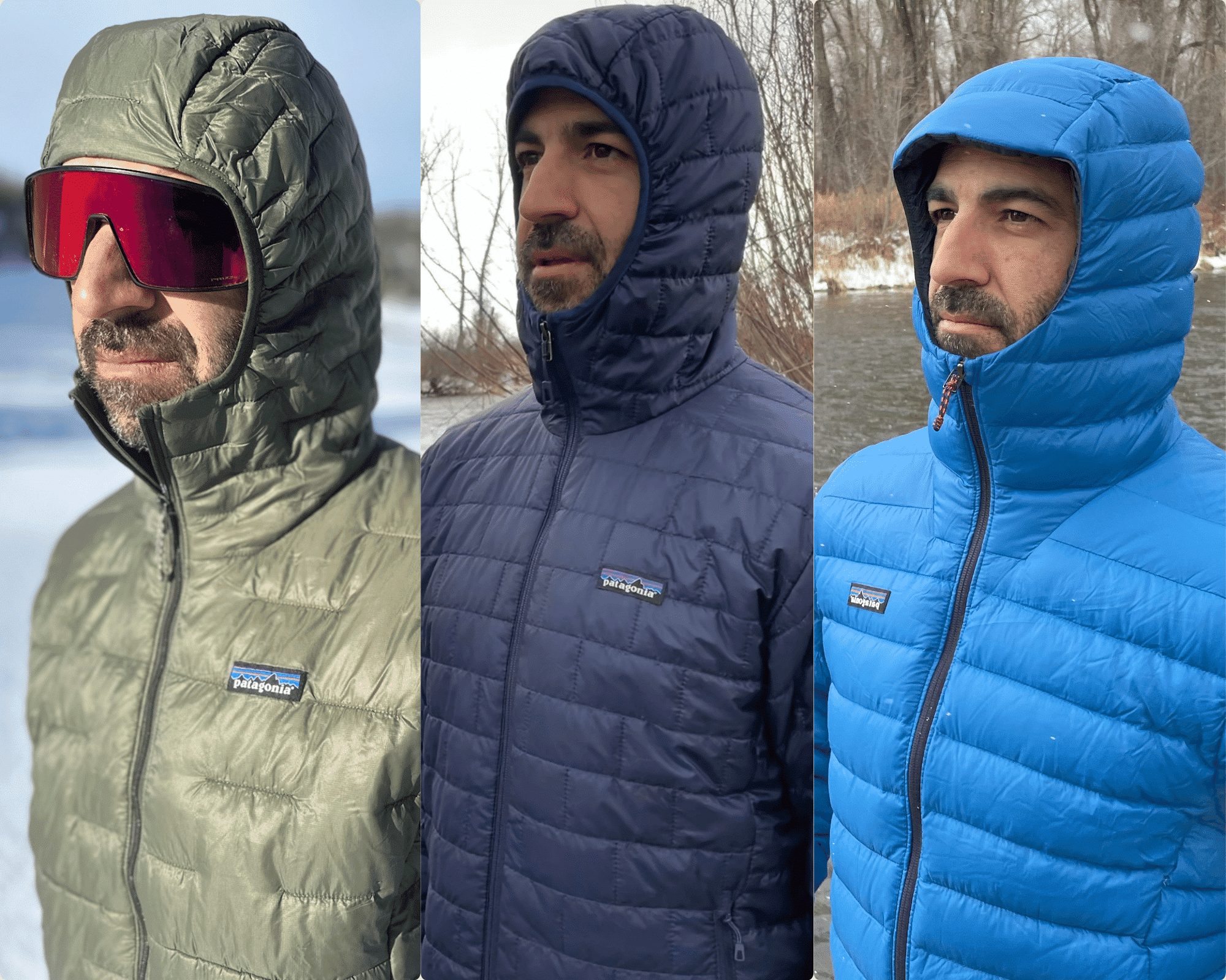 The hoods on the Patagonia Micro Puff, Nano Puff, and Down Sweater