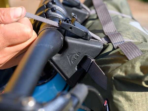 A closeup image showing the spacers on the carry bag of an MSR Hubba Hubba 2 Bikepack tent.