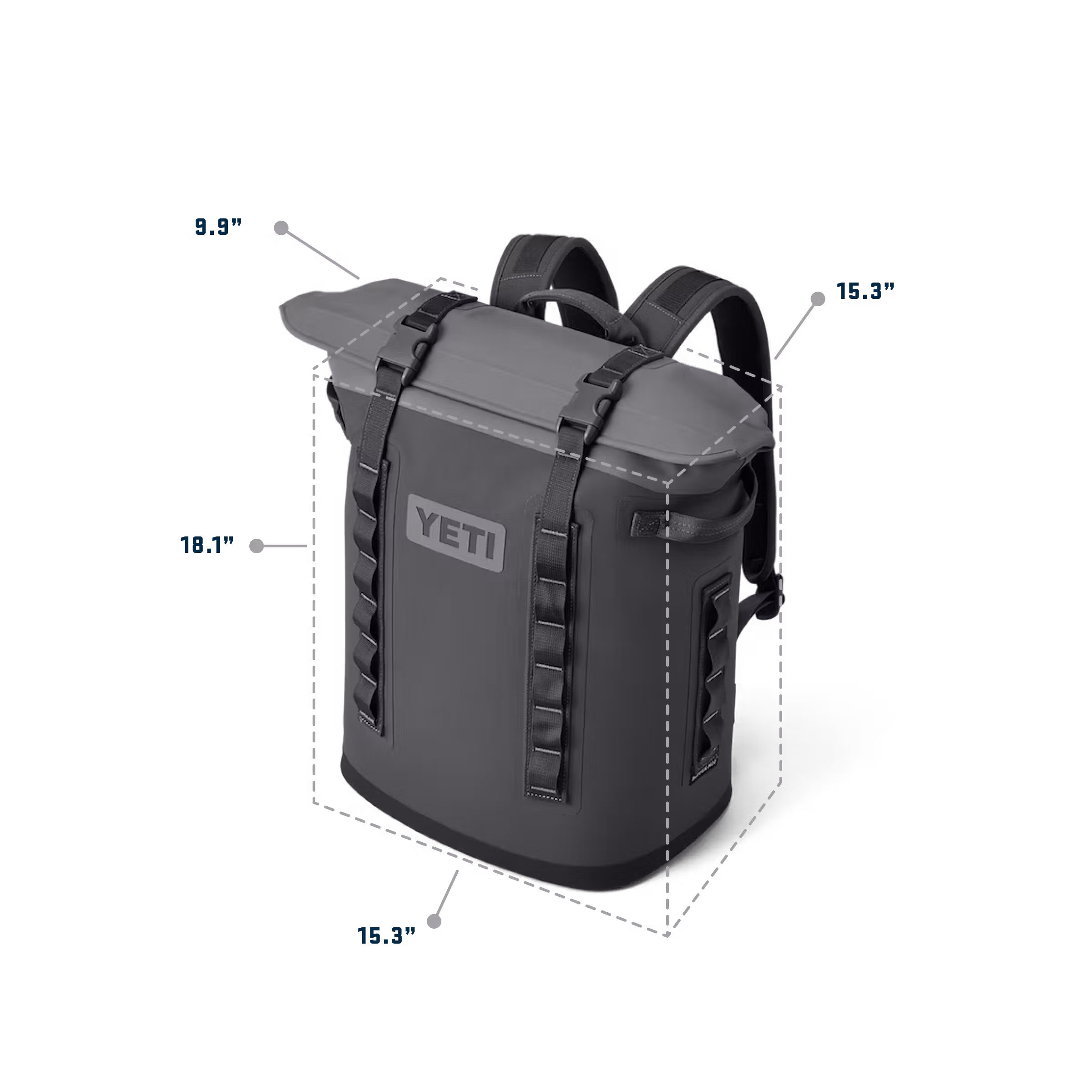 yeti_hopper_m20_backpack_cooler_dimensions_exterior A diagram of the exterior dimensions of the YETI Hopper m20 backpack cooler.