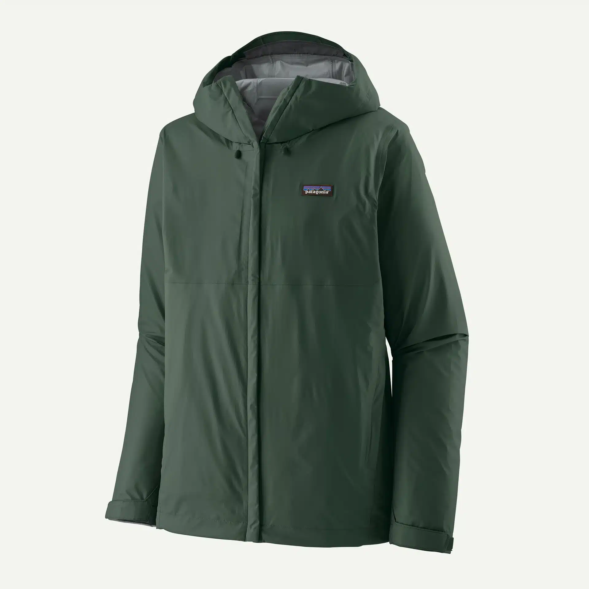 The men's Patagonia Torrentshell 3L rain jacket in Old Growth Green.