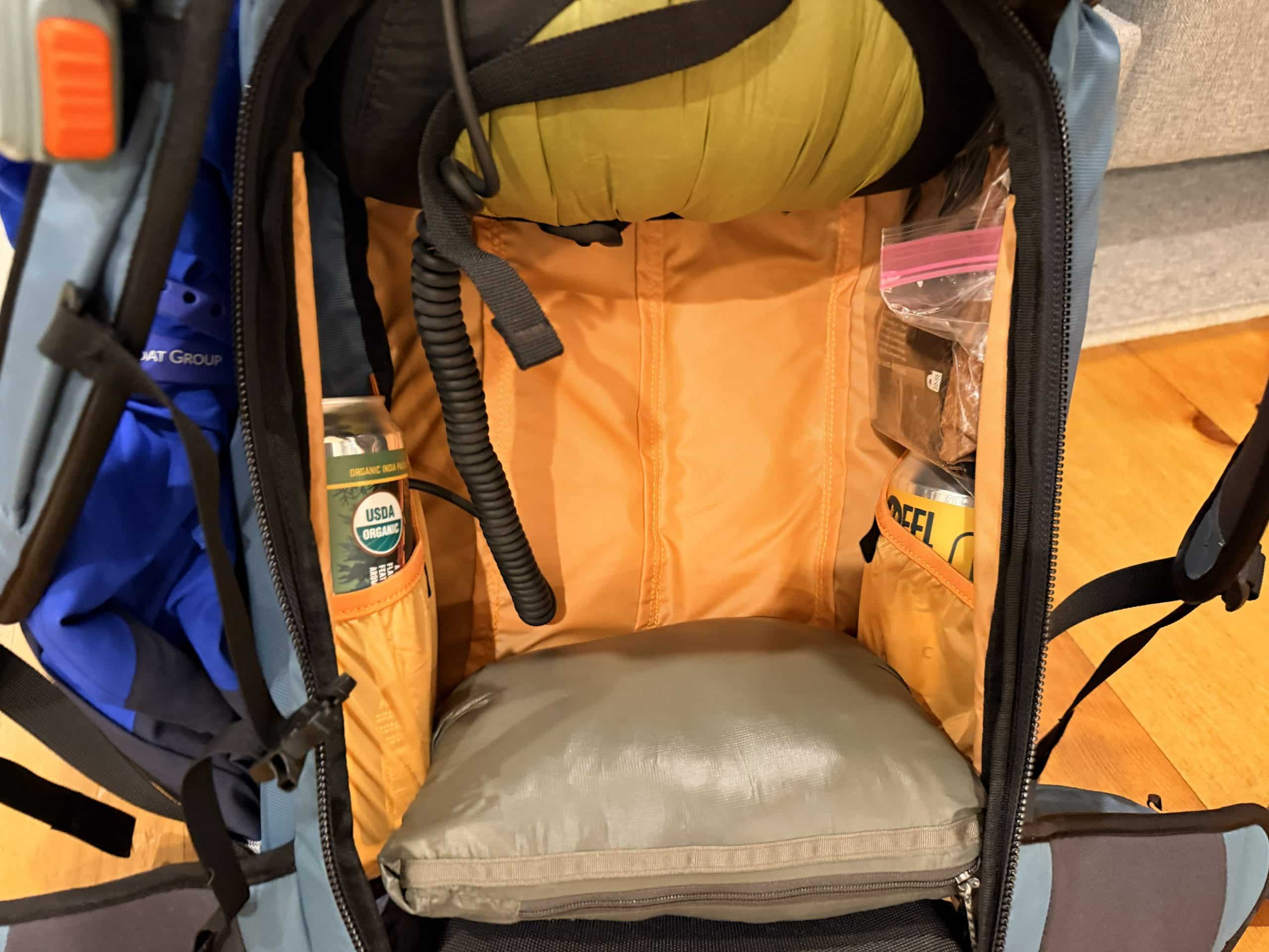 The side pockets inside the main compartment of the Osprey Soelden 45L.