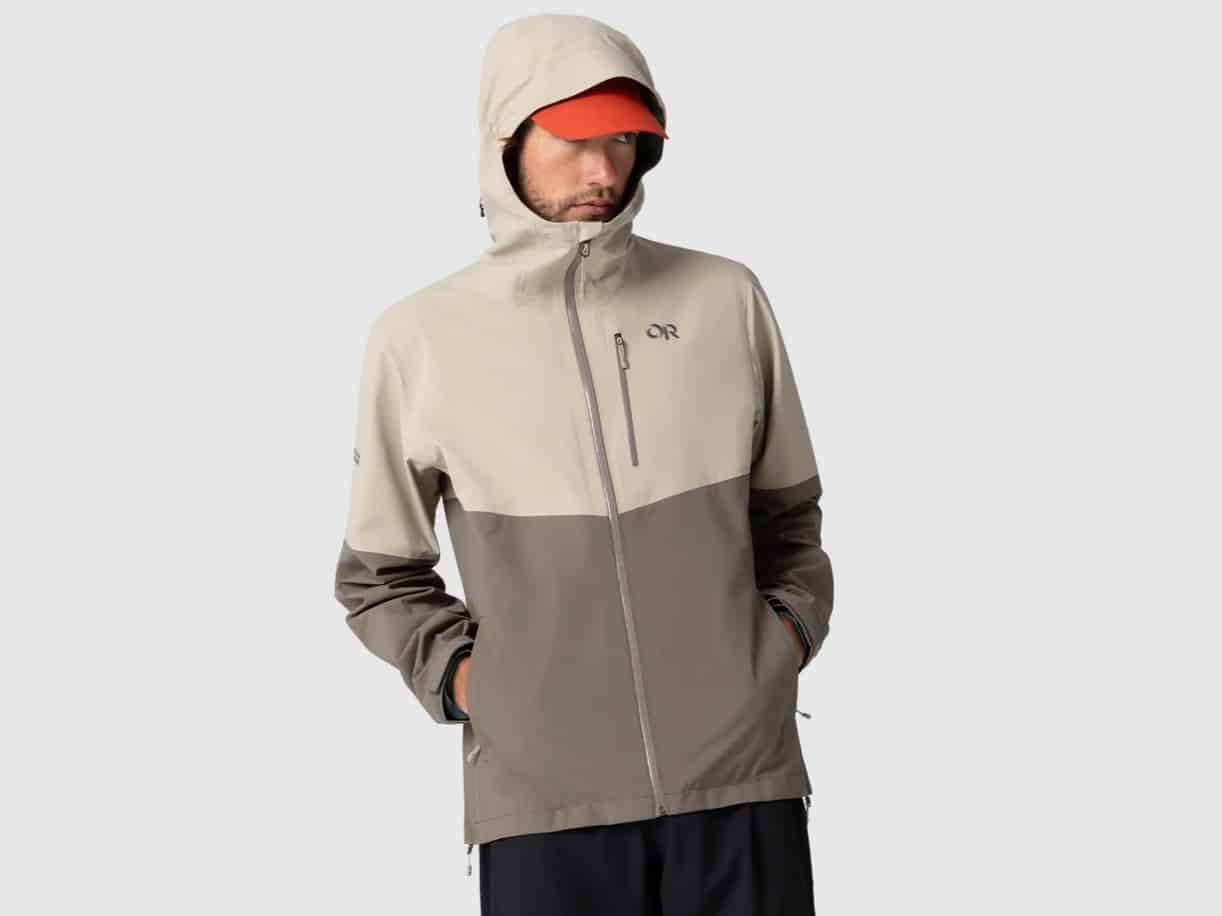 A man wearing the Outdoor Research Foray 3L jacket.