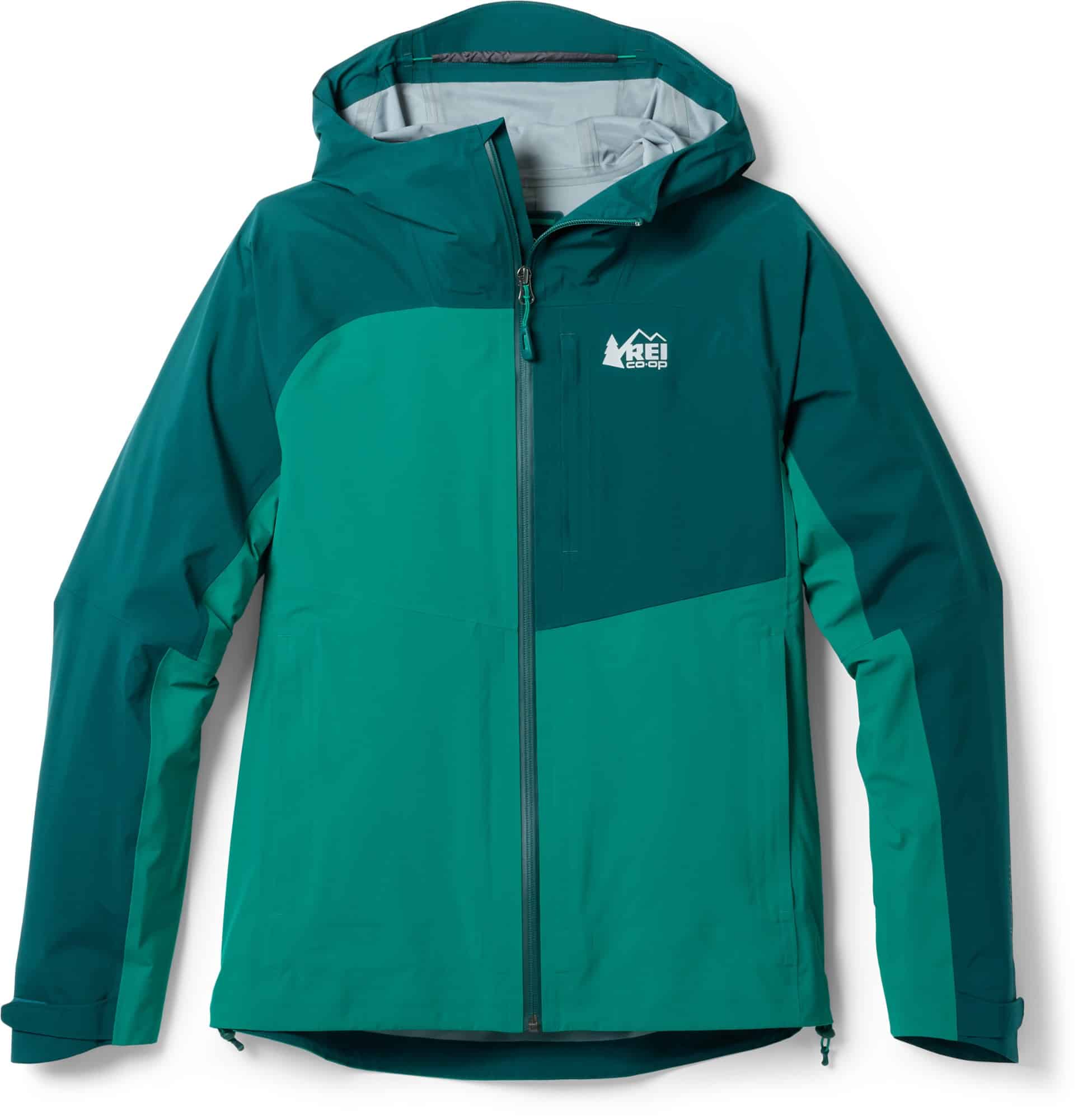 The women's REI XeroCloud 3L rain jacket in green.