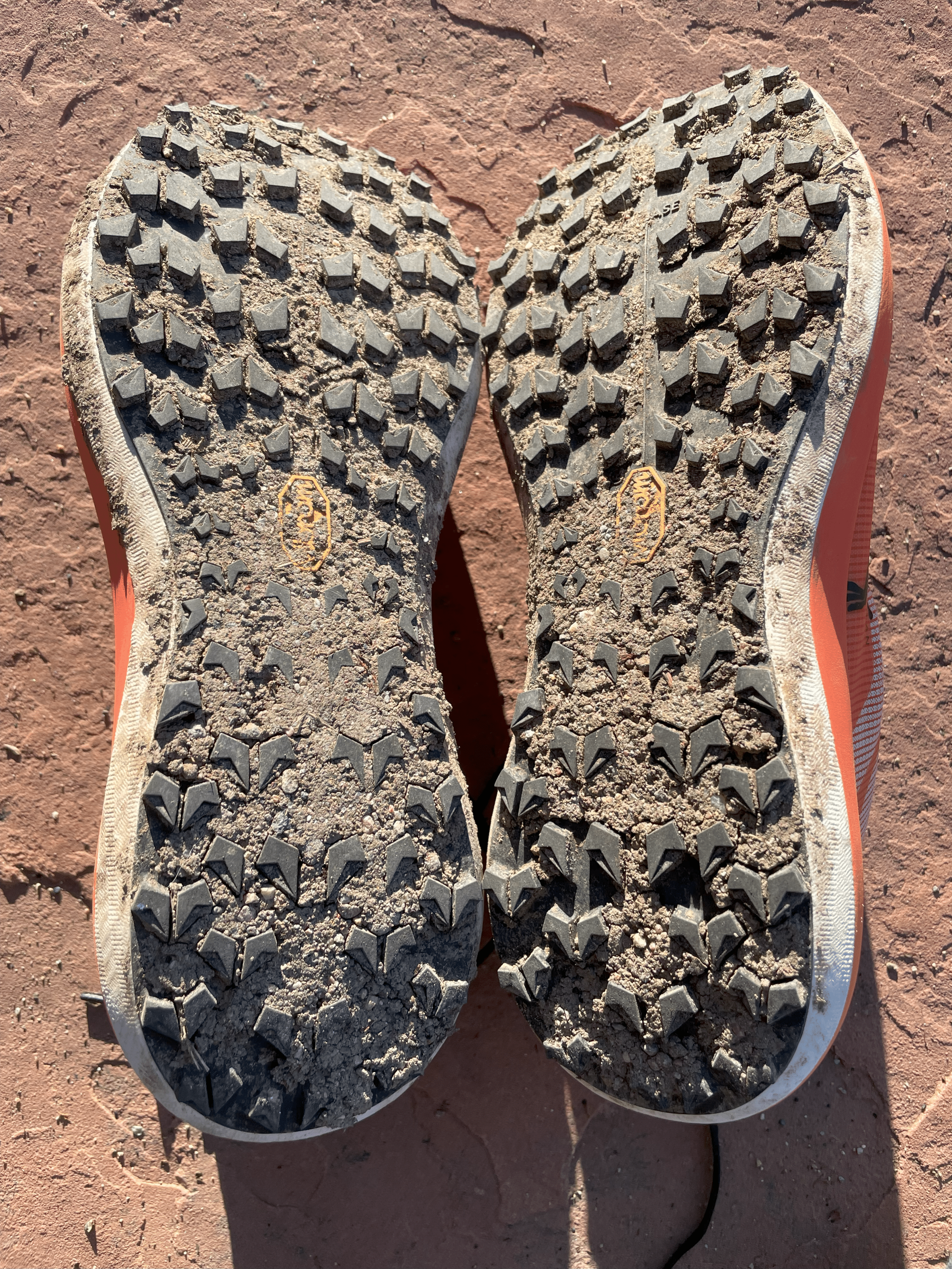 An image of the soles of a pair of Arcteryx Sylvan Pro shoes caked with mud.