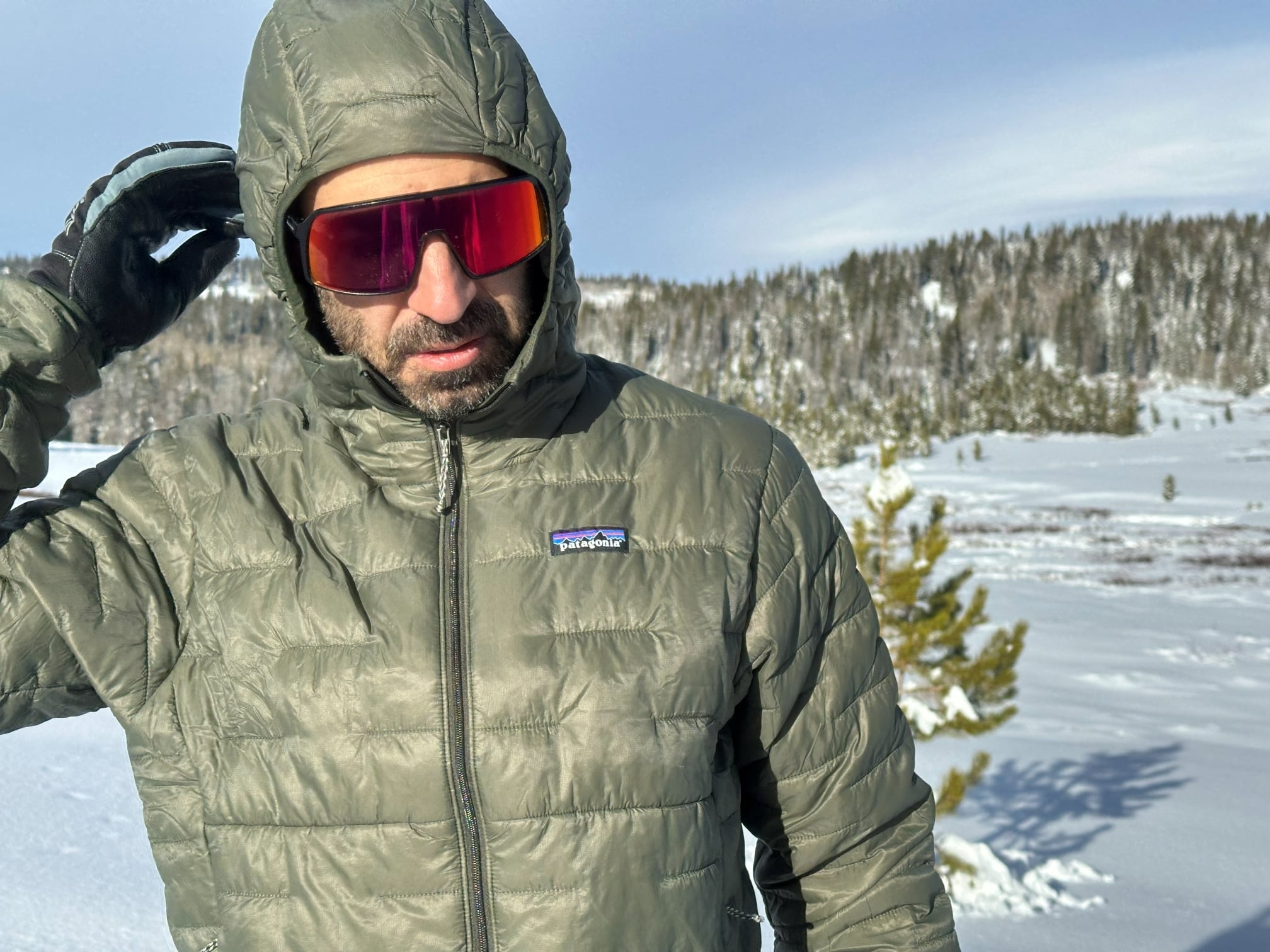 Man wearing the Patagonia Micro Puff jacket with the hood up.