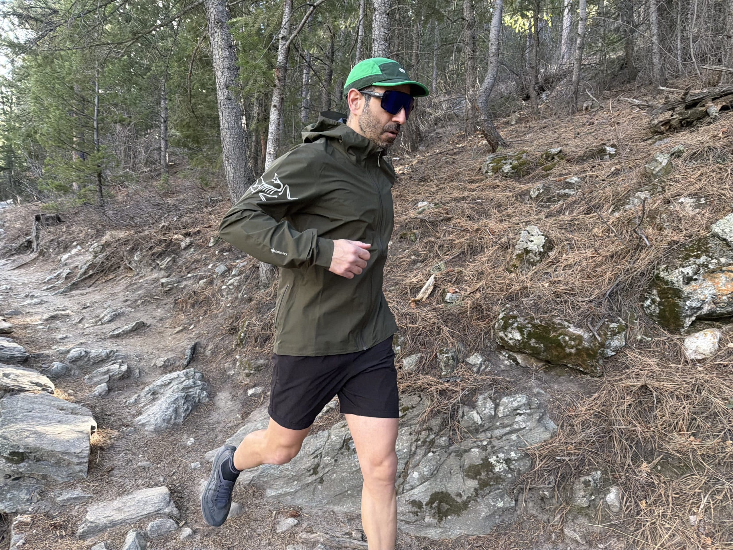 Running in the Arc'teryx Norvan GORE-TEX jacket.