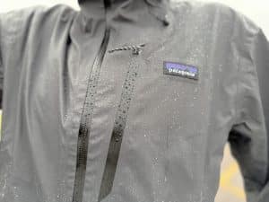 Closeup image on the fabric on the Patagonia Granite Crest rain jacket with water beading.