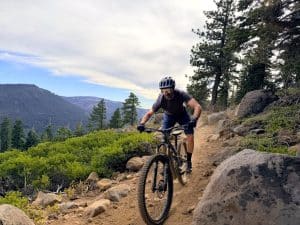 Mountain biking while wearing the POC Cularis helmet.